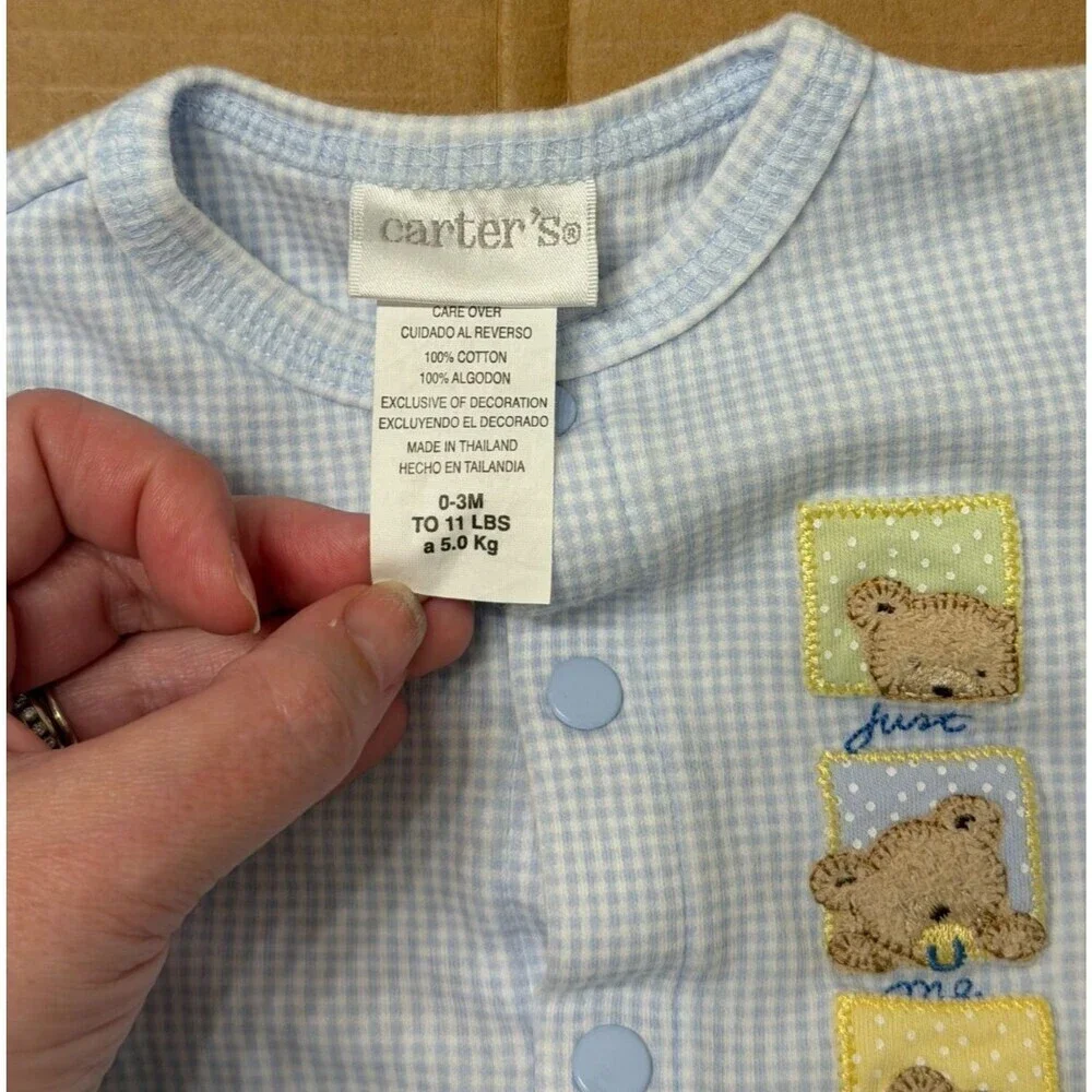 Baby Boy Vintage Carter's Just One Year 0-3 M Blue Check Embroidered Bear Romper